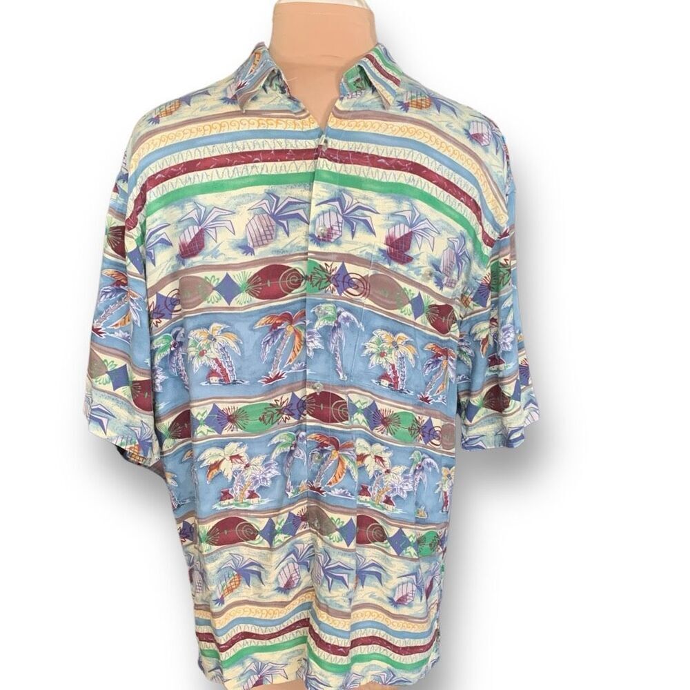 Vintage Croft & Barrow Shirt Tropical Blue Palm Pineapple Hawaiian Printed Top